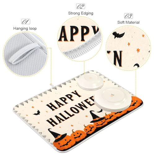 Halloween Pumpkin Witch Hat Dish Drying Mat 16x18 Absorbent Kitchen Protector - Halloween#03
