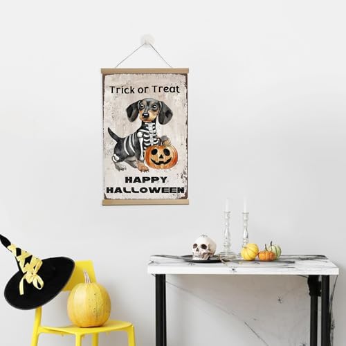 Halloween Trick or Treat Dachshund and Pumpkin Yard Sign - Vintage Wall Art Prints 12x16