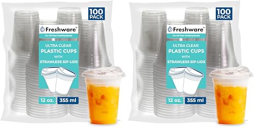 12 oz Disposable Plastic Cups with Strawless Sip Lids - 200 Pack, Clear, Heavy-Duty, Party & Holiday Use, Variation of THIS listing