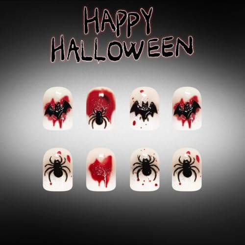 Halloween Square Press On Nails Blood Splash Spider Bat Design - Variation 10
