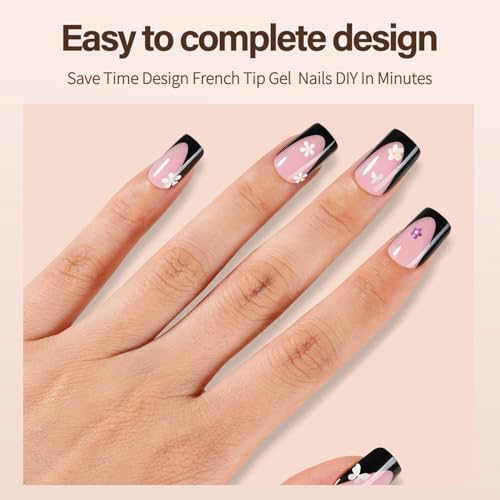 Deep French Gel Fake Nails Short Square Black French Tips - 150Pcs