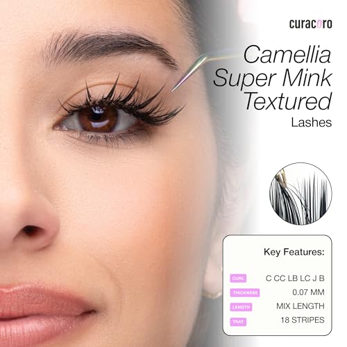Curacoro Camellia Super Mink Textured Lashes, 0.07mm Thickness, J B C CC LB LC Curl, Pre-Layered Mixed Length Wispy & Spiky Lashes For Anime, Wet Look or Wispy Lash Set, Pro Lash Supplies