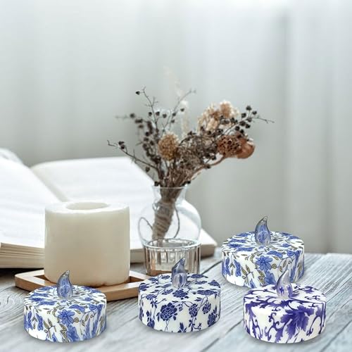 Blue & White Porcelain Flameless Tea Lights with Remote - BMP MIX, 12 Pack