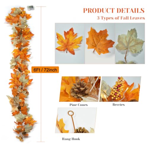 6 FT Fall Garland with Lights - Autumn Decor with Timer - Orange