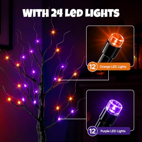 Black Halloween Indoor Decor 2 Pack 2FT Lighted Birch Tree with Orange & Purple Lights