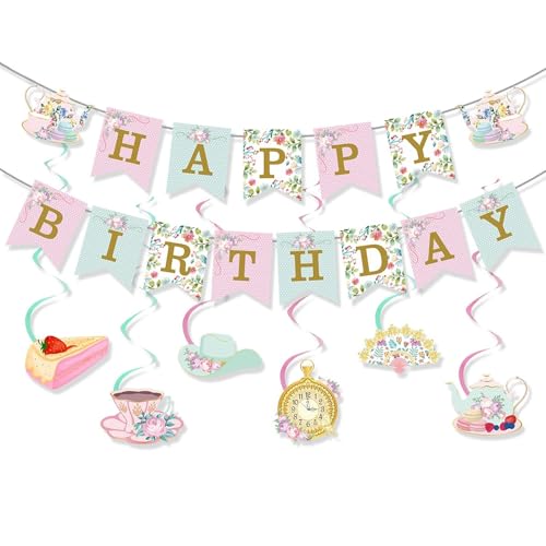 Birthday Party Banner Set with Cake Toppers and Spiral Charms - Tea Gathering Theme