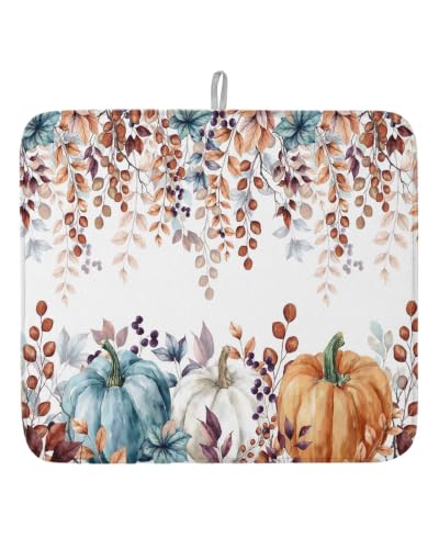 Fall Dish Drying Mat for Kitchen Counter with Pumpkin & Eucalyptus - 18x24 Inches, Absorbent & Non-Slip