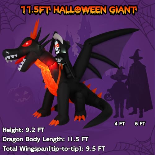 11.5FT Animated Halloween Inflatable Dragon & Grim Reaper with Moving Head - Outdoor Yard Decor