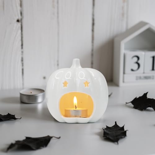 Ceramic White Pumpkin Candle Holder with Star Holes - Halloween Decor - Variation H01