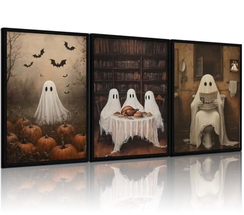 Halloween Ghost Canvas Wall Art Set - Spooky Bathroom Decor, 12x16 Inch Pumpkin Ghost Variation