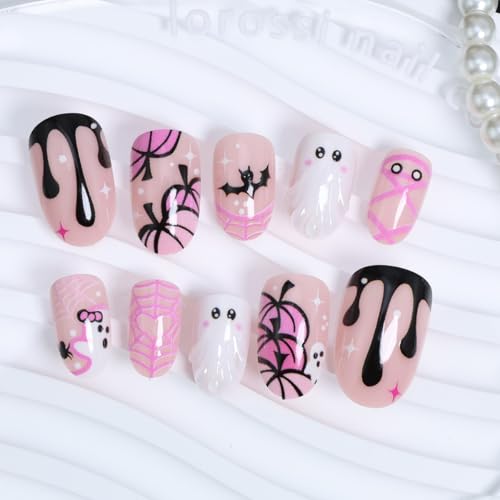 3D Ghost Halloween Press On Nails - Short Almond Fake Nails with Mummy Pumpkin Bat Web Designs - Pink, Glossy, Reusable, DIY Manicure, Variation 26