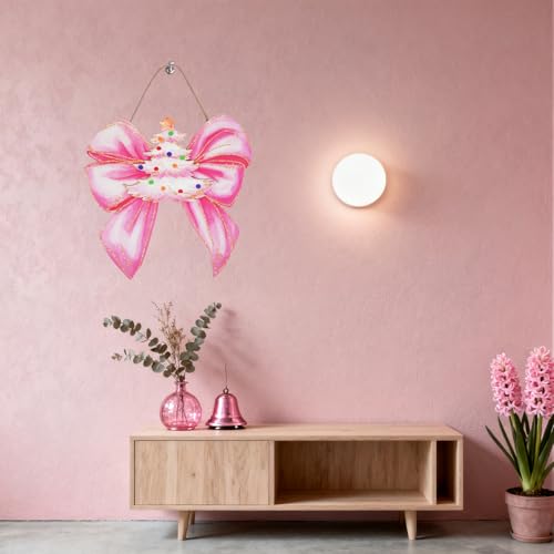 Pink Christmas Door Decoration - Wooden Bow Wreath for Front Door & Wall