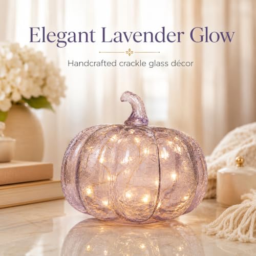 Lavender Crackle Glass Pumpkin Light - 5.5 Inch Battery-Operated LED Decor with 3 Modes & 6H Timer