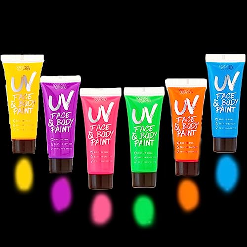 UV Body & Face Paint 10ml 6 Pack Neon Glow-in-the-Dark Makeup for Parties