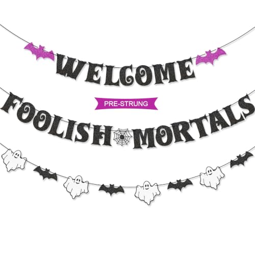 Halloween Party Banner - Welcome Foolish Mortals Variation Banner with Ghosts & Bats