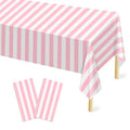 Pink and White Striped Tablecloth 54 x 108 Inch - 2 Pack, Rectangular Disposable Table Cover for Parties