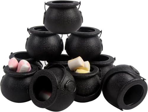 Mini Plastic Cauldrons for Halloween & Party Favors - 24 Pack Small Black Buckets with Handles