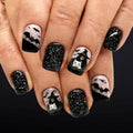 Halloween Press On Nails Short Square Black Ghost Bat Design with Glitter - Variation 26