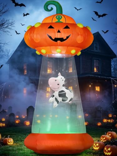 Halloween Inflatable Pumpkin UFO - 8 FT Outdoor Yard Decoration with Alien Cow and LED Lights - Variation: Pumpkin UFO