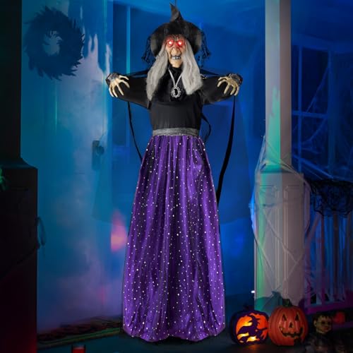 47-Inch Animated Witch Halloween Decor - Light-Up, Sound Activated, Outdoor Haunted House Yard Ghost