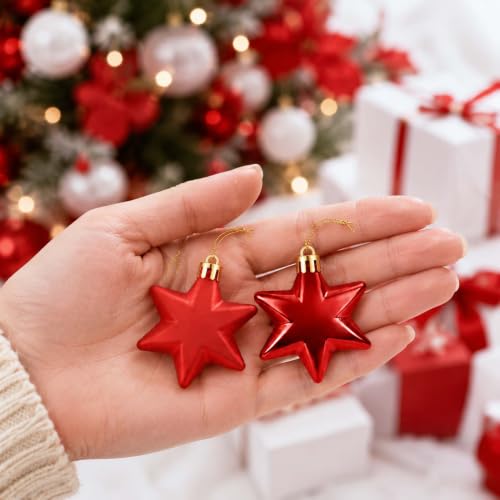 Red 1.8 Inch Christmas Star Ornaments - 12 Pack Lightweight & Durable Holiday Decor