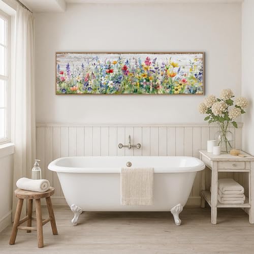 Wood Framed Colorful Wildflower Wall Art - Farmhouse Canvas Decor 14x48” - Flower Landscape