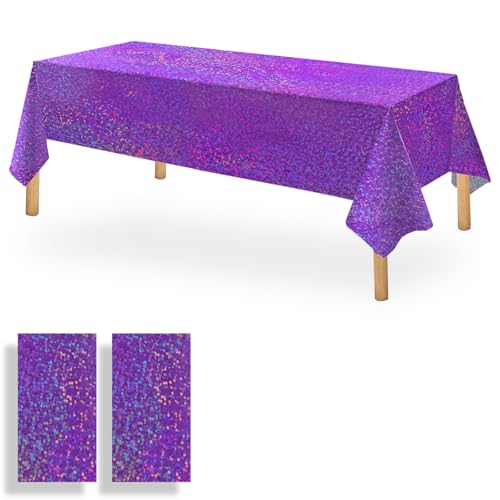 Purple Holographic Tablecloth Set - 2 Pack 54x108 Inches Disco Party Decor