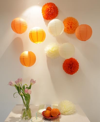 Orange Birthday Party Decorations Set with Paper Lanterns & Pom Poms - 15 pcs, Includes Tissue Flowers & Hanging Line