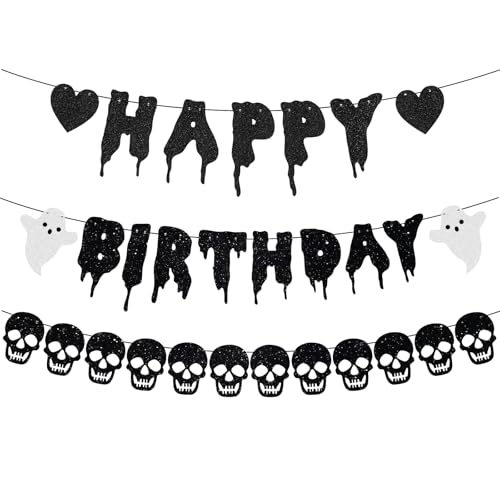 Black Glitter Halloween Birthday Banner & Skull Garland Set