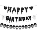 Black Glitter Halloween Birthday Banner & Skull Garland Set