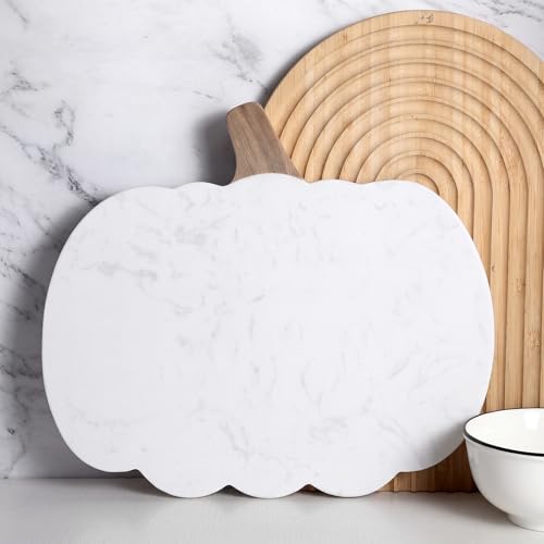 Pumpkin Shaped Marble Cheese Board - Fall Autumn Decorative Serving Tray - White, 11 x 9.8 Inch