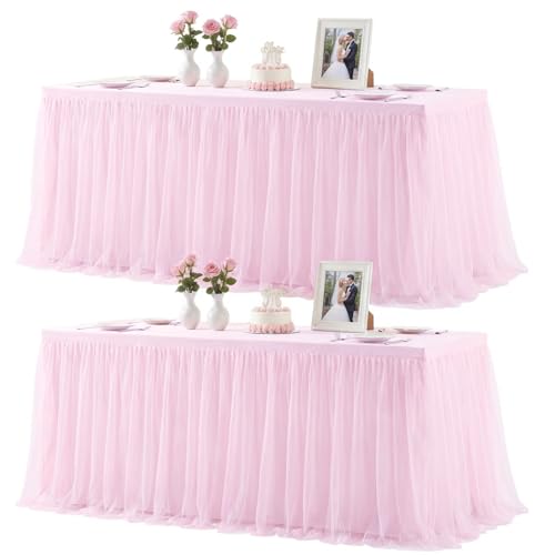 Pink 8ft Rectangle Tablecloth & Tulle Skirt Set - 96x30 Inches, 2 Pack