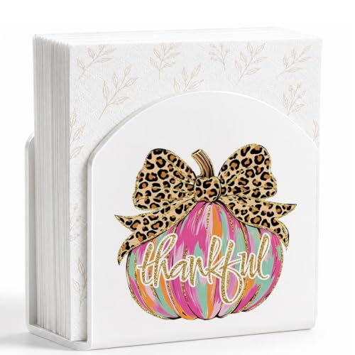 Fall Thankful Leopard Print Pumpkin Napkin Holder Decor Desk Stand - Fall2