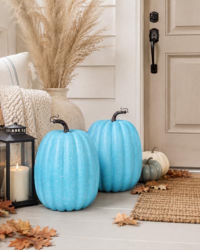 Vensovo 2 Pack 8-Inch Light Blue Faux Pumpkins for Fall & Holiday Decor - DIY Friendly