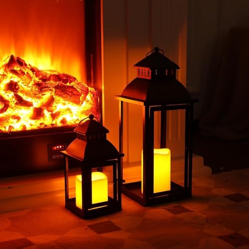 Black Metal LED Lanterns Set of 2 - Large & Medium Outdoor Indoor Decor with Bronze Brush - No Glass