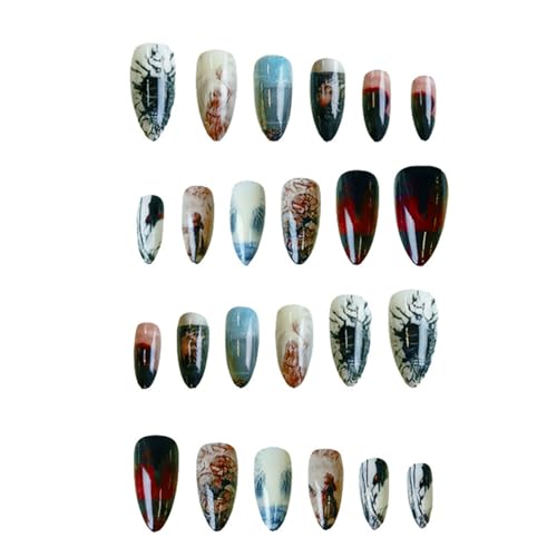Press On Nails Medium Almond Blue Black Glossy Fake Nails - AP1-07 Blue - 24 pcs