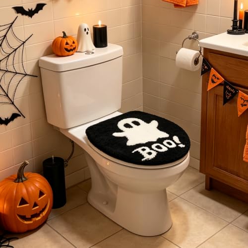 Halloween Toilet Seat Cover Ghost Boo Black & White Bathroom Decor