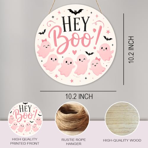 Pink Halloween Ghost Door Decor Wooden Sign - Hey Boo! 02