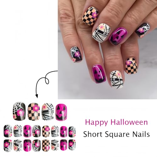 Halloween Press On Nails Short Square Fake Nails with 3D Flower Spider Web Pumpkin & Ghost Design - Bandage Ghost Variation