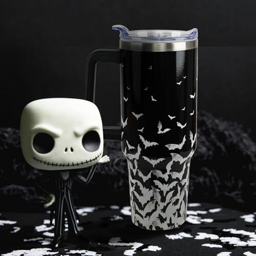 Halloween Bat Tumbler 40 oz Stainless Steel Reusable Drink Cup with Lid & Straw - Black White Gray