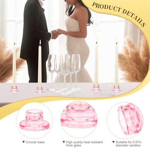 Pink Glass Taper Candle Holders Set - 6pcs Short Decorative Candle Sticks for Wedding & Home Decor