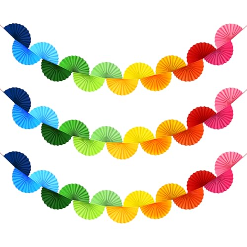 Rainbow Paper Fan Garland 15.6ft - 3 Pack Ceiling Decor, Party & Event Backdrop