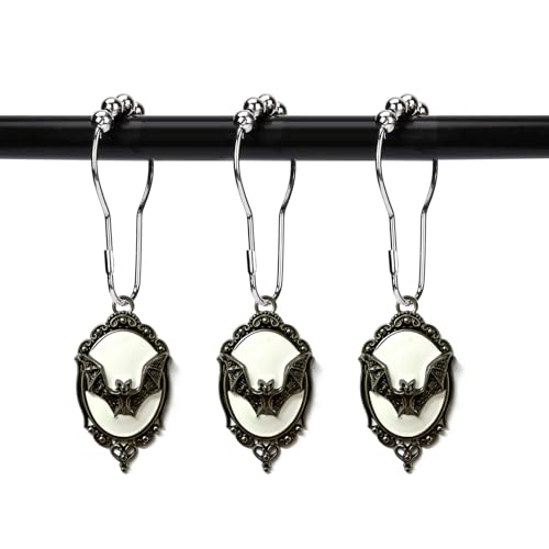 12-Pack Gothic Vampire Bat Shower Curtain Hooks Rings - White-Background Halloween Decor