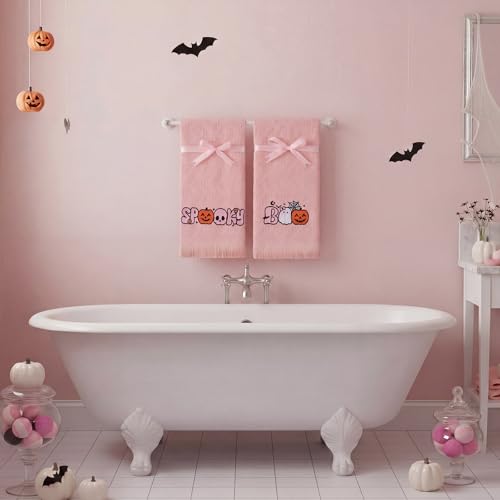 Halloween Pink Ghost Hand Towels - Cotton Bathroom & Kitchen Decor, 30x13 Inches