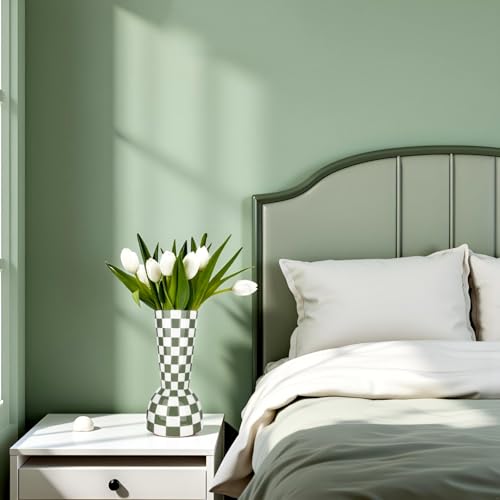 Sage Green Checkered Vase - Modern Ceramic Flower Vase for Home Decor & Centerpieces