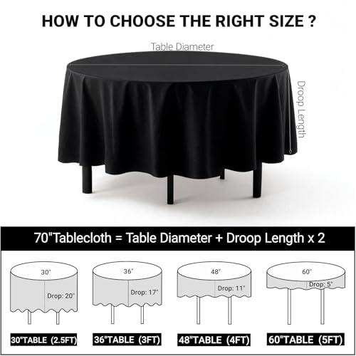 Black 70 Inch Round Tablecloth - Stain & Wrinkle Resistant Polyester for Wedding & Events - Variation: Black / 70"