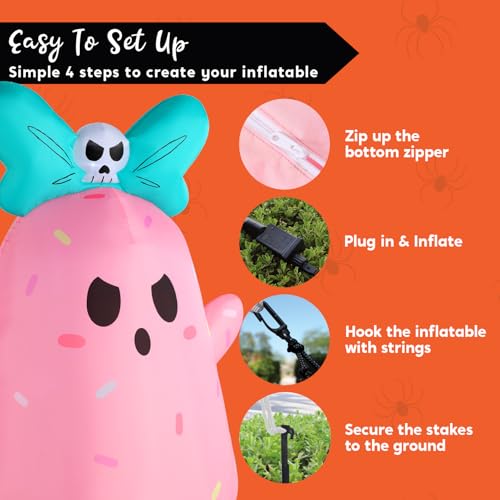 Pink Halloween Inflatable Ghost 5FT Tall with LED Lights & Bowknot - Outdoor Yard Decor