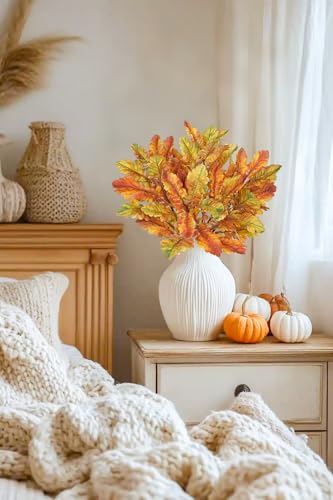 Artificial Fall Oak Leaf Branches - 5 Pcs Autumn Decor Stems in Orange - 18 Inches