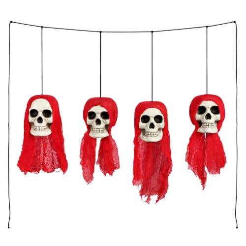 Large 4 Piece Hanging Skull Heads Halloween Decorations on String - Creepy Outdoor Graveyard Decor