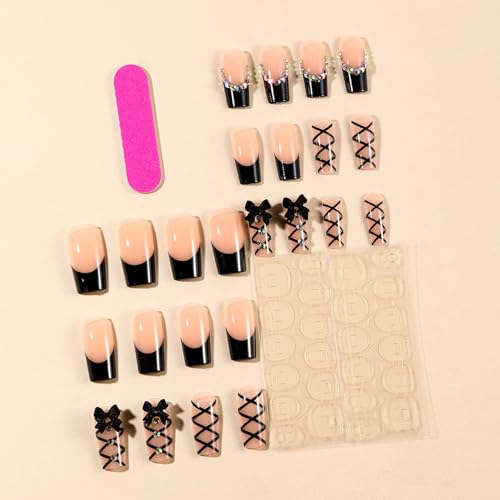 Colorful French Tip Press On Nails Medium Long Bling Rhinestone Bow 3D Bow Artificial Nails - 24pcs - Bow Ties